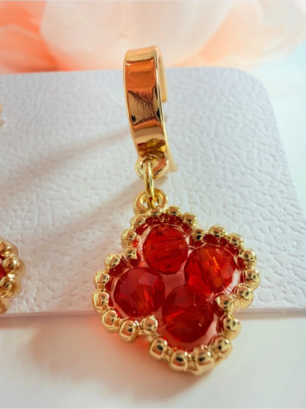 Gold Hoop Earrings with Red Crystal Clover Drops